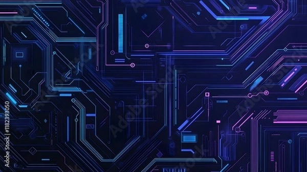 Fototapeta Futuristic blue abstract background featuring circuit board circles and various tech elements.