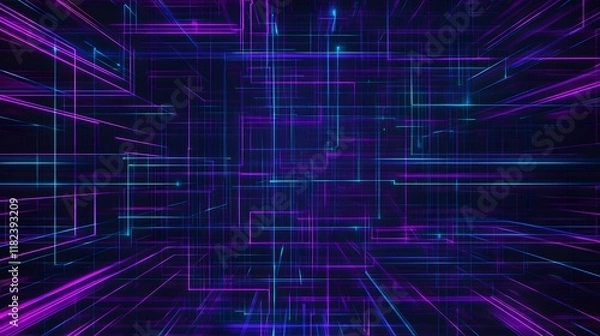 Fototapeta Futuristic blue abstract background featuring circuit board circles and various tech elements.