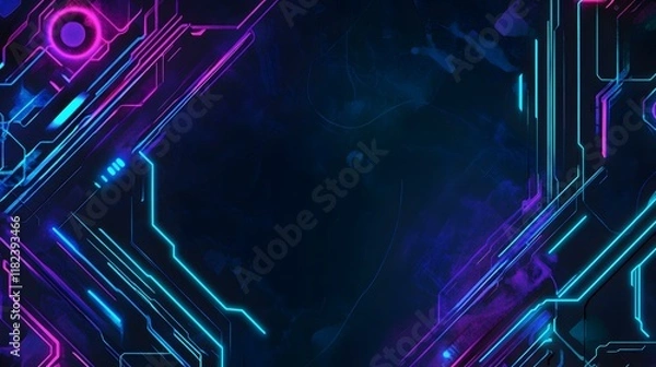 Fototapeta Futuristic blue abstract background featuring circuit board circles and various tech elements.