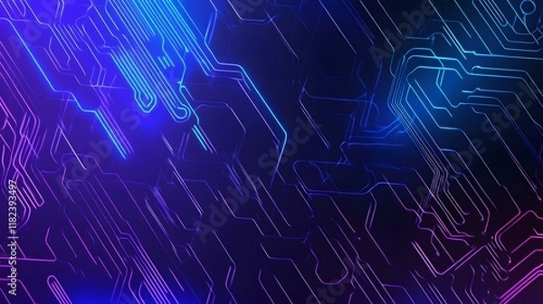 Fototapeta Futuristic blue abstract background featuring circuit board circles and various tech elements.