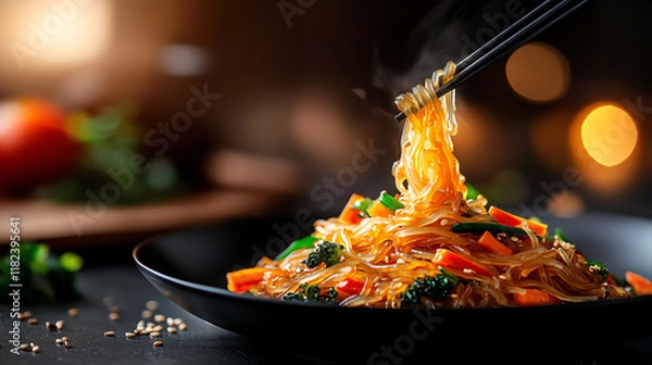 Fototapeta f0b Korean japchae glass noodles stirfried with colorful vegetables on a platter