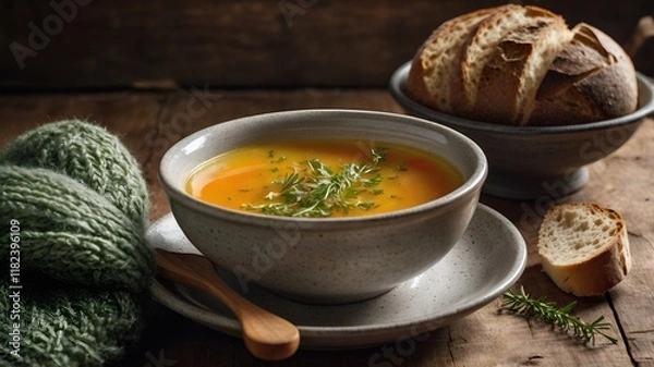 Obraz Perfect Winter Comfort: Soup Bowl with Fresh Herbs and Bread