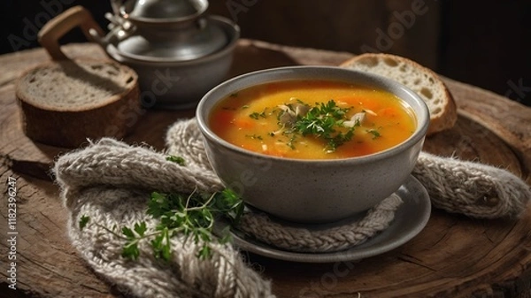 Obraz Hearty soup garnished with fresh herbs, served with a side of crusty bread.