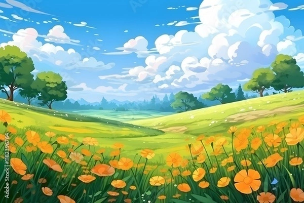 Fototapeta Gorgeous hand-drawn illustration depicting scenic mountains and farmlands, enriched with intricate details and an anime-inspired touch.