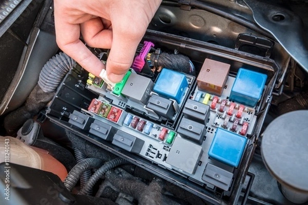 Fototapeta Hand checking a fuse in the fuse box of a modern car engine