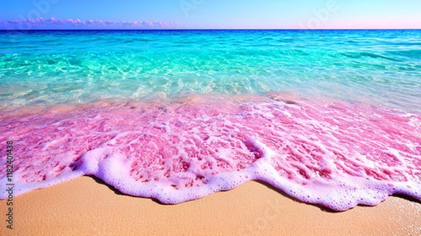 Fototapeta A serene beach scene featuring turquoise waves gently lapping onto a sandy shore, with a hint of pink in the water, creating a vibrant tropical atmosphere.