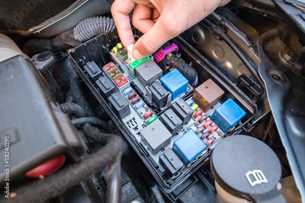 Fototapeta Hand checking a fuse in the fuse box of a modern car engine