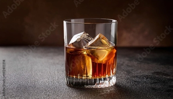 Fototapeta Glass of whiskey with ice on a textured dark backdrop