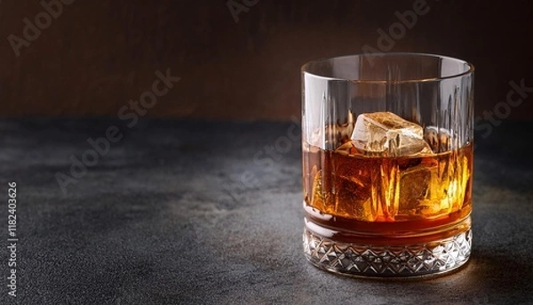 Fototapeta Glass of whiskey with ice on a textured dark backdrop