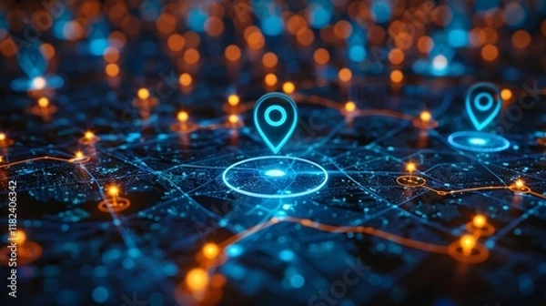 Fototapeta Digital GPS, neon map pin location.  Innovation navigation technology concept, network connection, information pointers