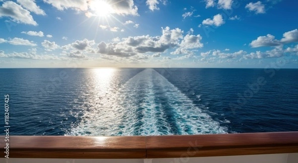 Fototapeta Ocean view, cruise ship wake, sunburst on horizon, blue sky, fluffy clouds, railing perspective, tranquil seascape, vacation atmosphere, expansive ocean, shimmering water, sunset cruise, maritime jour