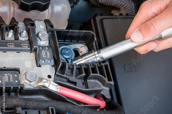 Fototapeta Hand checking the bolt of the battery with a wrench in a modern car engine