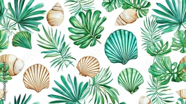 Fototapeta Tropical seamless pattern with shells and palm leaves. (1)