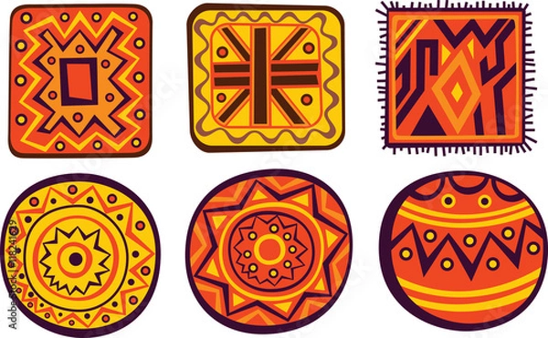 Fototapeta Set of African color decorative ornaments, red and yellow