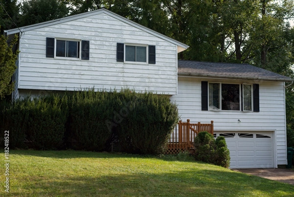 Fototapeta A split-level house with peeling paint on the aluminum siding and overgrown bushes in front