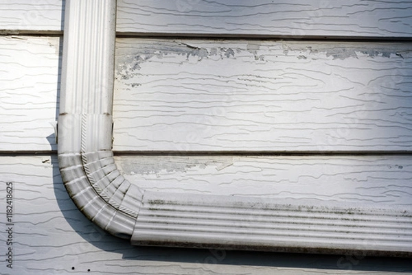 Fototapeta Closeup of an old downspout as it bends along the side of a house with peeling paint on the aluminum siding