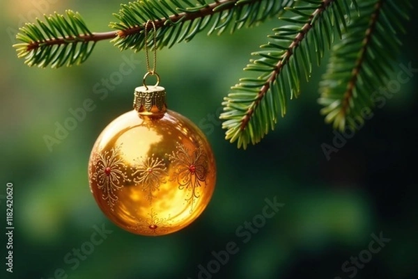 Fototapeta Delicate golden glass ornament hanging from fir branch, branch, glass
