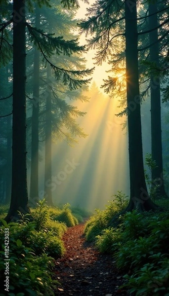 Fototapeta Misty forest landscape with sunlight filtering through trees at dusk, Greenery, Sunlight, Nighttime