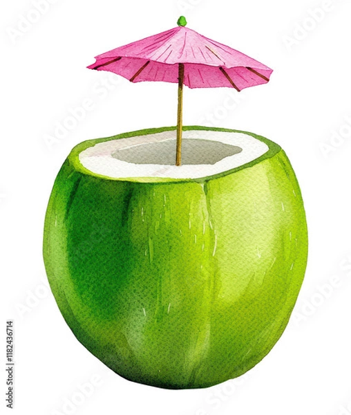 Fototapeta Tropical green coconut with a pink umbrella, beautifully illustrated in watercolor style. Perfect for summer themes, drinks, and vacation concepts. Isolated on transparent background, png.