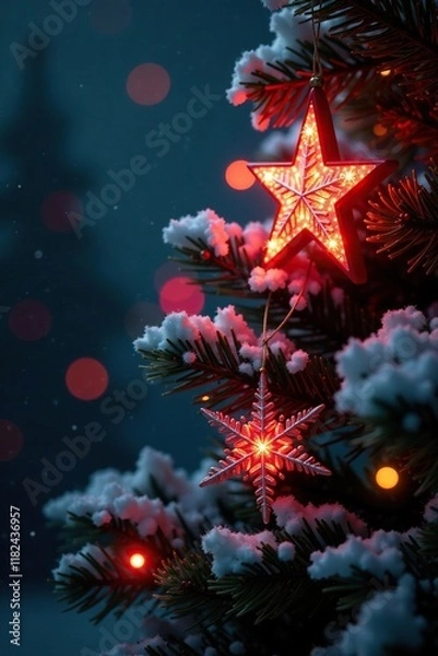 Fototapeta Red star shining with sparkling snowflakes on Christmas tree, festive lights, glittering stars, sparkling snowflakes