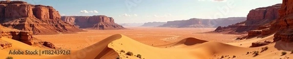 Fototapeta High-angle shot of a vast desert landscape with rocky formations and sandy dunes, earthy tones, desert landscape