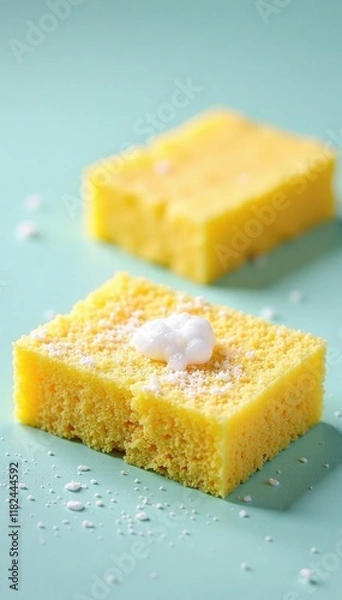 Fototapeta Freshly washed kitchen sponge surface with visible soap residue, fresh, white, washed