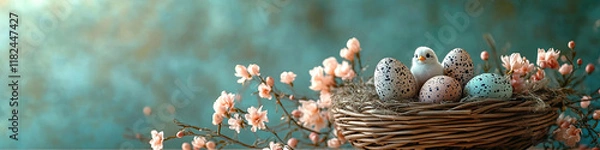 Fototapeta Spring nest with speckled eggs and blossoms on teal background