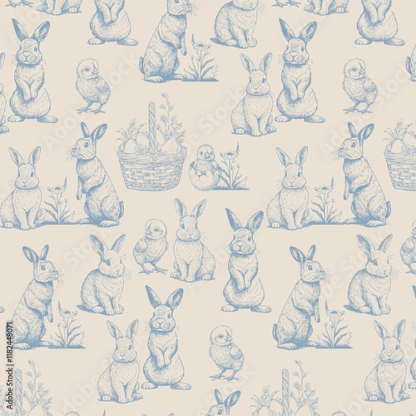 Fototapeta Seamless Pattern with bunny and chicken. Happy Easter. Vintage engraving style