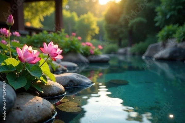 Obraz Softly glowing flowers surround a tranquil pool of water in the garden, garden, water, pool