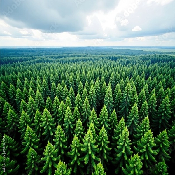 Fototapeta Dense forest of towering pine trees stretching into the distance, cloudy sky, serene
