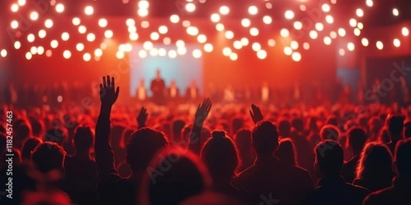 Fototapeta Concert crowd, raised hands, stage lights, event