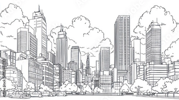 Fototapeta Cityscape sketch, urban development, skyline, clouds, trees, cars, architectural design, planning