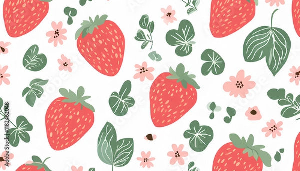 Fototapeta Seamless Pattern with Strawberries and Floral Elements in a Whimsical Botanical Design