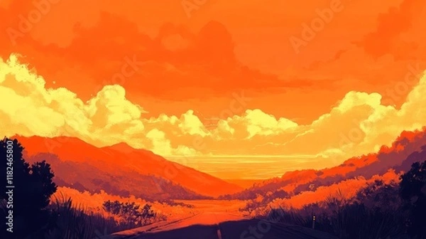 Fototapeta Vibrant sunset over a scenic road.