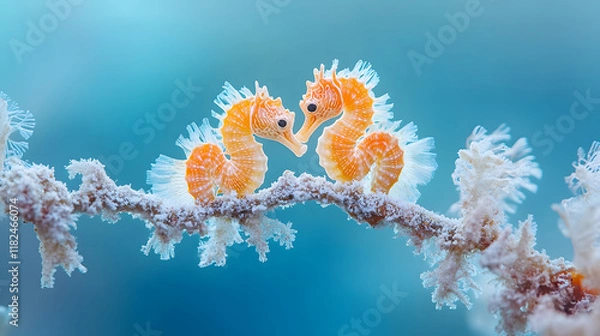 Obraz A pair of seahorses entwined around a coral branch, with shimmering blue water as the background, during a magical underwater encounter