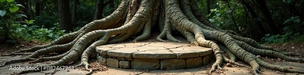 Fototapeta Ancient tree roots weave around a flat stone podium, earthy, tree roots, ancient