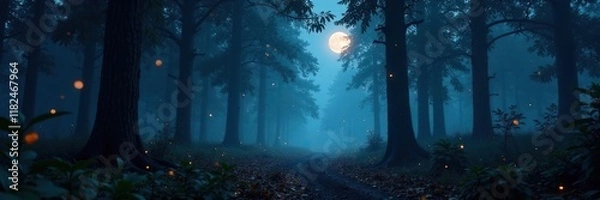 Fototapeta Dark forest with misty atmosphere and twinkling lights, moonlight, darkness