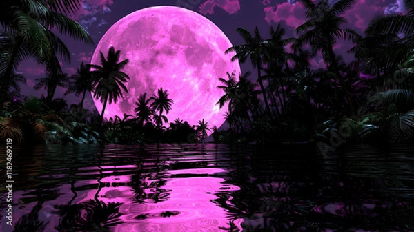 Fototapeta A vibrant pink moon illuminates a tropical landscape, reflecting on calm waters surrounded by lush palm trees under a starry sky.