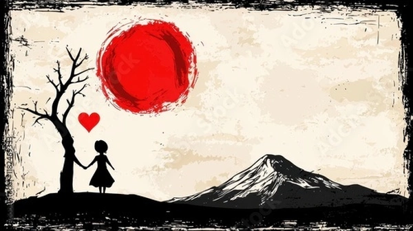 Obraz A couple holding hands under a tree with a red sun in the background