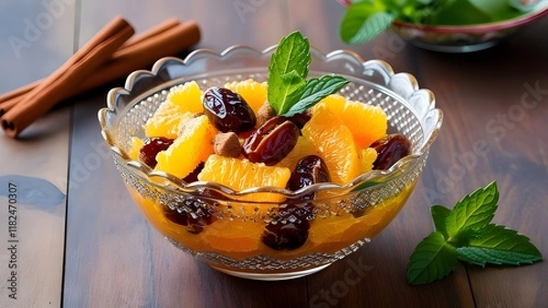 Obraz Moroccan Orange and Date Salad with Cinnamon and Mint in Glass Bowl