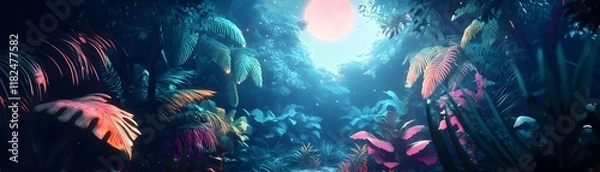 Fototapeta A vibrant nocturnal rainforest scene illuminated by moonlight, showcasing lush foliage with colorful plants and a dreamy atmosphere that evokes a sense of wonder and exploration.