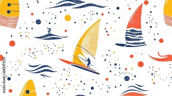 Fototapeta Seamless pattern with sailboats, surfers, and waves.