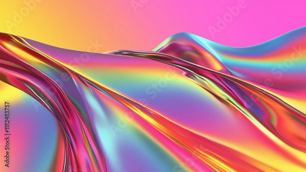 Fototapeta Liquid fluid holographic rainbow horizontal abstract background. Smooth waves of colorful holographic poster. Bright colorful wallpaper. Digital raster bitmap. Photo style. AI artwork.	