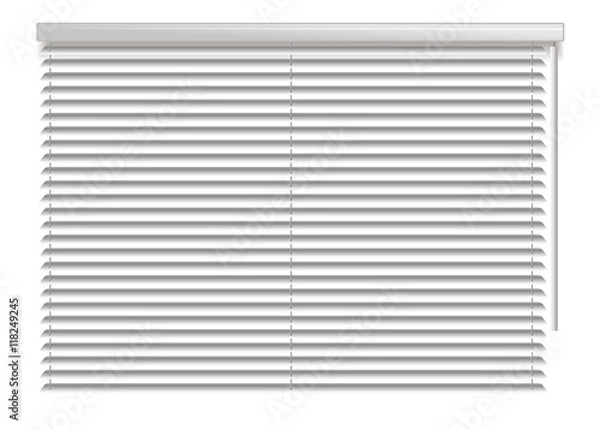 Obraz Pozioma roleta okienna. Biały odcień zaciemniający wnętrza biura. Wystrój okiennic. Projekt wnętrz domu. Ilustracji wektorowych. Tło realistyczne rolety przeciwsłoneczne okna zamknięte. Akcesoria biurowe.
