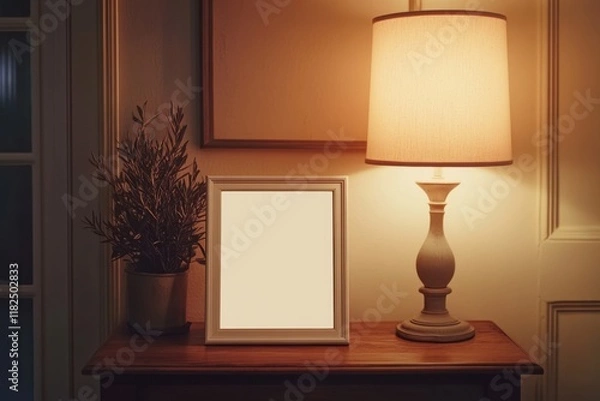 Obraz Warm evening glow from a lamp beside a blank picture frame and a green plant on a wooden table