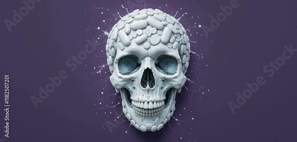 Fototapeta A striking skull sculpture displays an array of colorful pills covering its surface. The unique artwork is set against a solid purple background, enhancing its visual impact