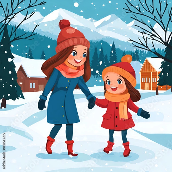 Fototapeta Happy mother with her daughter walking outside in winter. 