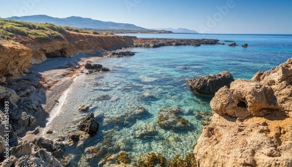 Fototapeta Secluded Cove Crystal Clear Water Rocky Coastline Mediterranean Sea Summer Landscape