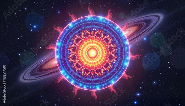 Fototapeta Mandala circular pattern with cosmic elements in space