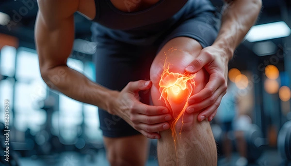 Obraz Muscular athlete clutching painful knee with glowing injury effect in gym environment, highlighting joint pain or sports injury concept